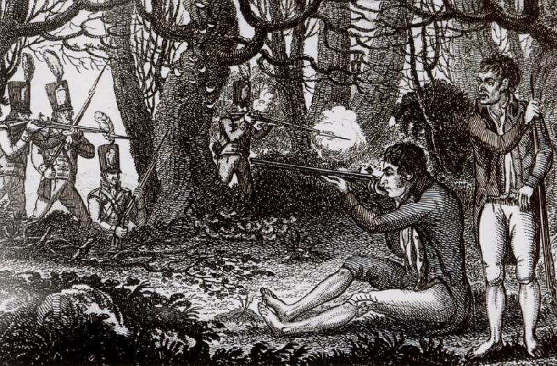  A rebel ambush in the woods of County Wicklow,from a contemporary Print